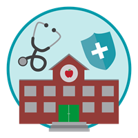 Illustration of school building, medical symbol and stethoscope