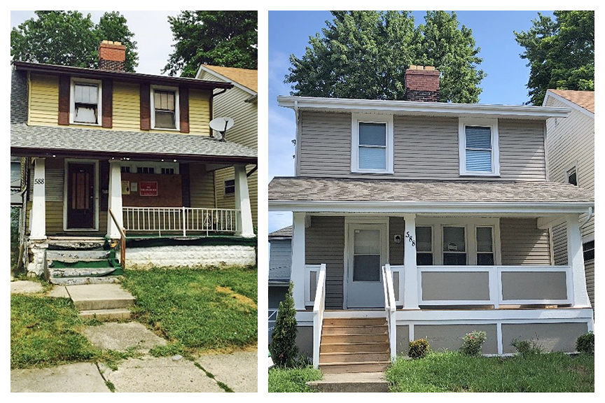 Side by side showing a before and after of a two story house exterior renovation