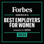 Forbes badge graphic announcing "America’s Best Employers for Women 2025," powered by Statista. The design features bold white text on a black background with teal borders and accents.