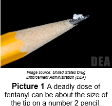 Pencil against black background with deadly dose of fentanyl. Image provided by the DEA. 