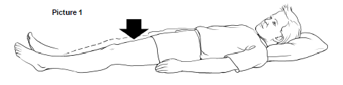 Have your child lie on their back. With their leg straight, have them push the back of the right knee into the mat; tighten the front muscle of the thigh. Repeat with the other leg.