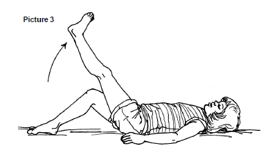 Have your child lie on their back and bend their right knee. Have them lift their left leg up as high as their right knee, then lower it slowly. Have them repeat with their right leg. They should always keep their other foot flat on the floor.