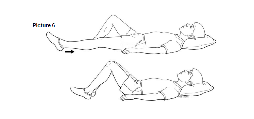 Note: If brace is set 0 to 30 degrees, have your child lie down as pictured below. Have them lie down with one knee bent. Then they gently bend operative knee to about 30 degrees. Slide the heel on the floor toward their body.