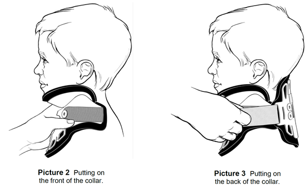 Picture 2 shows putting on the front of the collar, and picture 3 shows putting on the back of the collar