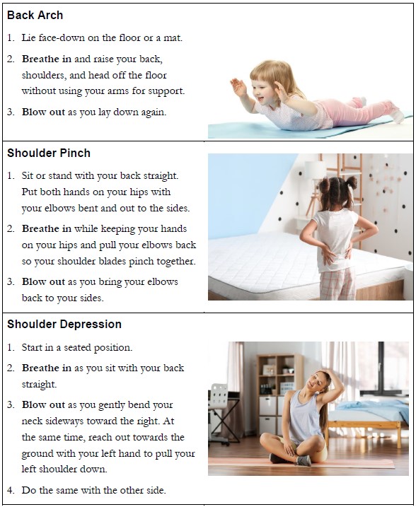 back arch, shoulder pinch, and shoulder depression