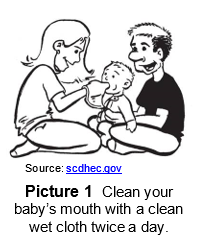 Clean your baby's mouth with a clean wet cloth twice a day.