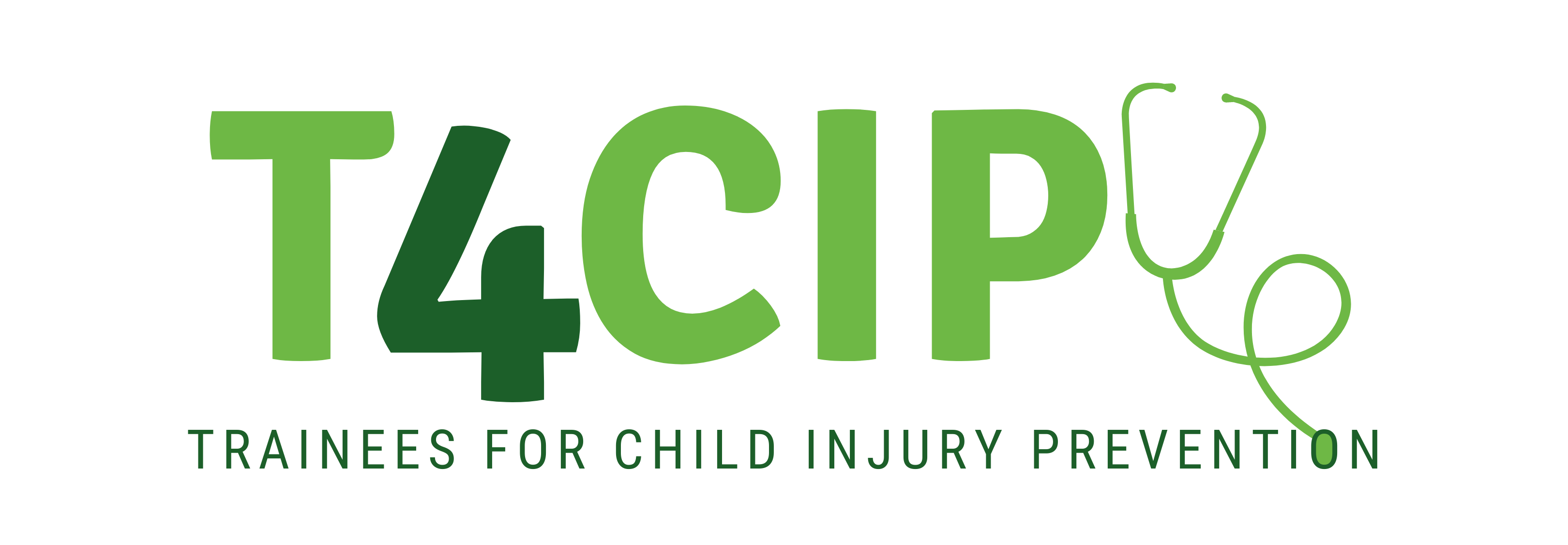 Logo shows T4CIP with Trainees for Child Injury Prevention below, in green, with a stethoscope