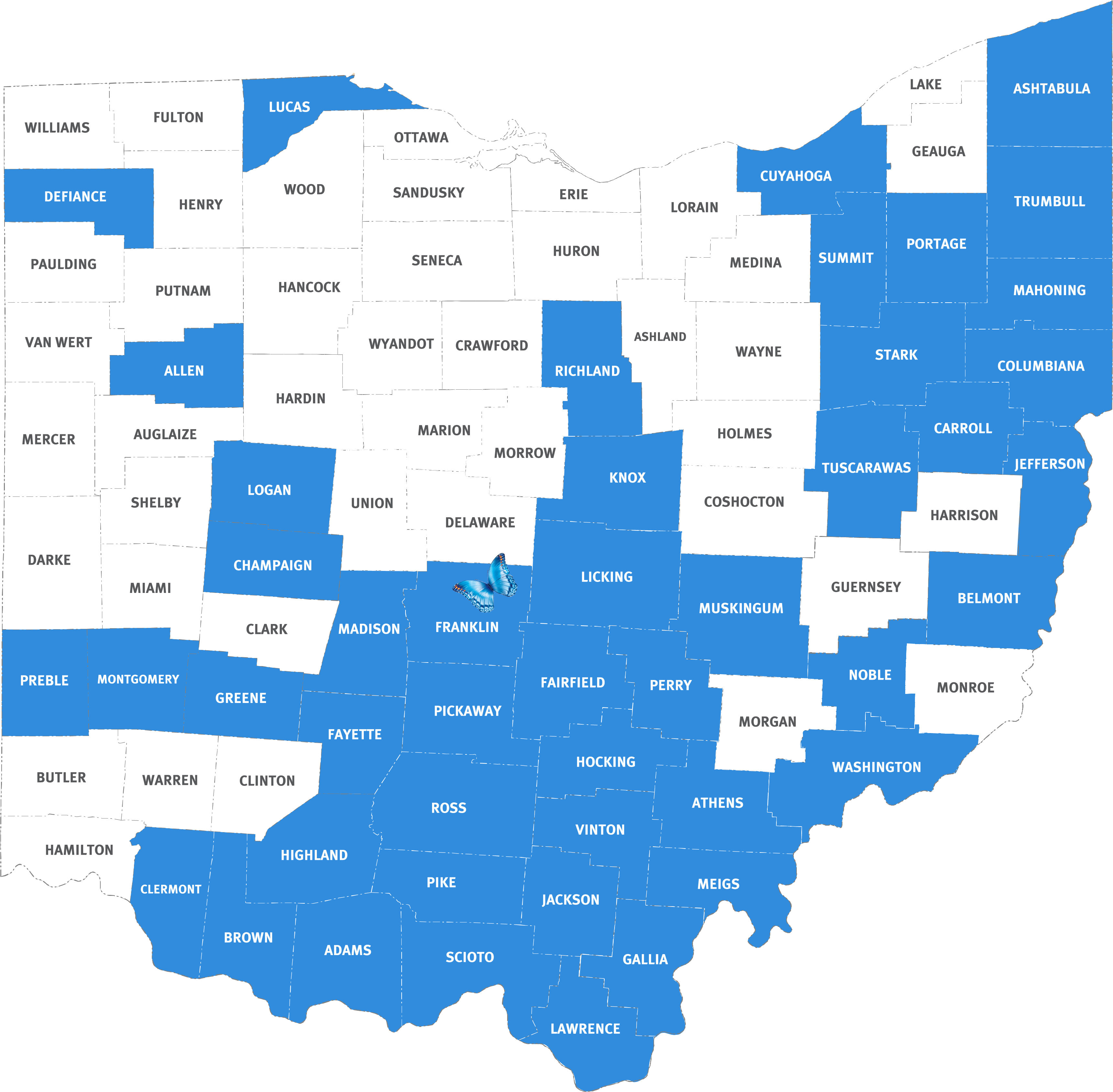 Map of Ohio counties where we have provided consultation, 2019-2025